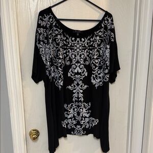 B.L.E.U. Black Top with White Ornate Design